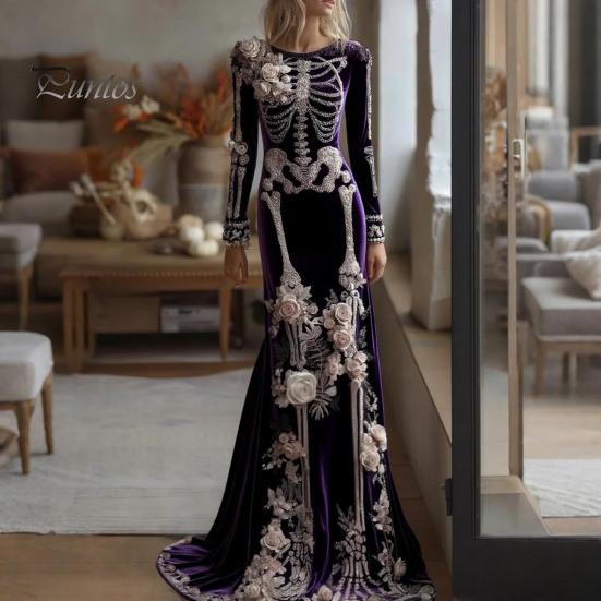 Halloween Cosplay Costume Women Skeleton Print Maxi Dress, Gothic Long Sleeve Dress with Velvet 3D Flower Decor, Floral for Party