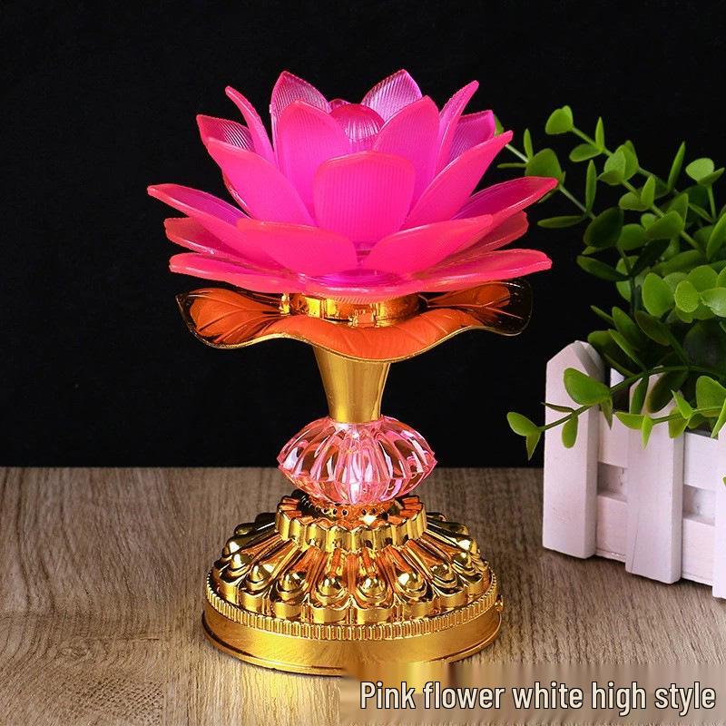 LED Seven-Color Lotus Lamp for Worship and Offering - Electronic Ever-Burning Buddhist Lamp for Guanyin and God of Wealth.