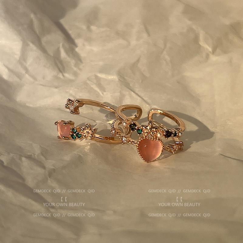 Double Layer Pink Heart Zircon Ring - Women's Korean Style Flower Adjustable Stackable Fashionable Temperament Index Finger Ring