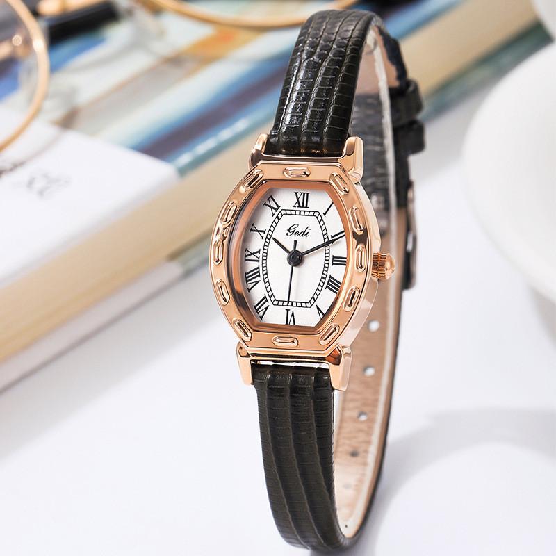 

Vintage Womans Barrel Shape Quartz Watch With Buckle Closure And Leather Strap DarkGray