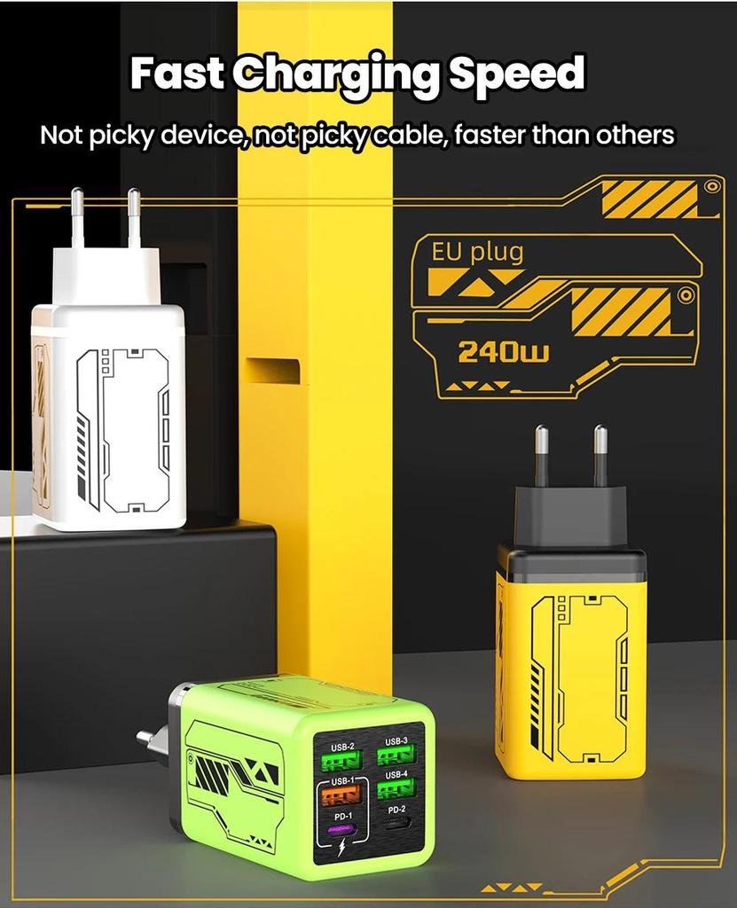 240W Multi-Port Smart Travel Charger with 4 USB-A & 2 USB-C PD Ports