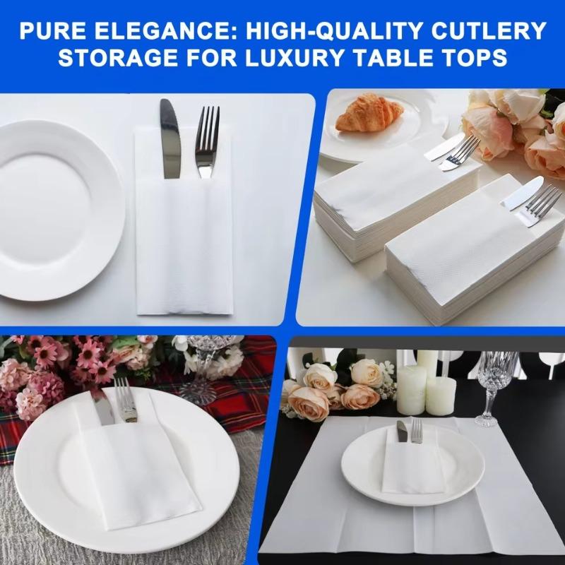 25/50PCS White Prefolded Napkins Disposable Built-in Flatware Pocket Napkins Dinner Christmas Wedding Party Cafe Events Supplies