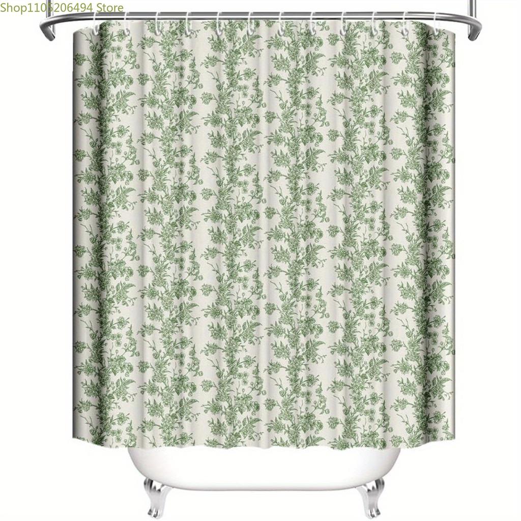 1pc Green Vintage Floral Polyester Shower Curtain - Botanical Farmhouse Bathroom Decor with 12 Hooks, Fabric, Line Dry, All-Se