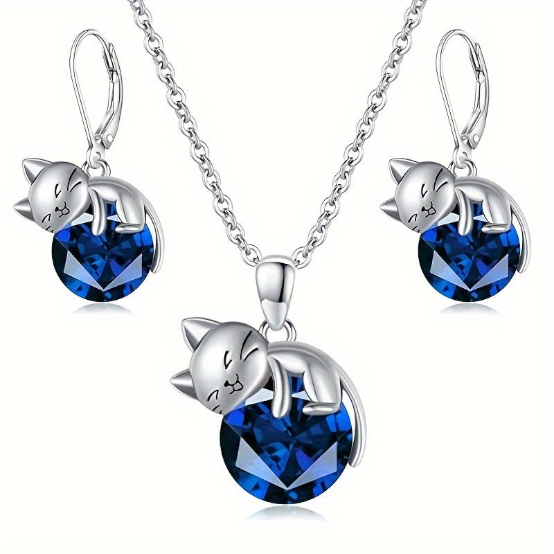 Silver Cat Necklace Pendant and Earrings Jewelry Set Is Suitable As a Gift for Women, with Crystal Zirconia, Perfect As an Accessory for Brides and