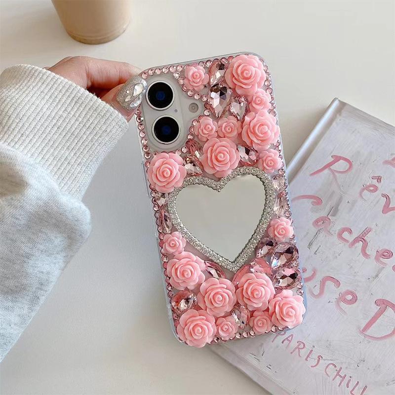 Rhinestone Flower Love Mirror for IPhone17Promax Mobile Phone Case for Apple 16plus Luxury 14 Women's Model