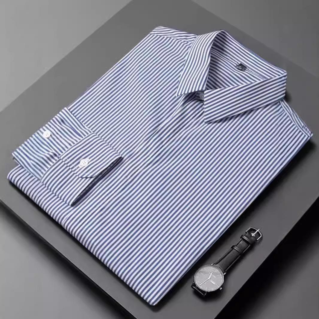 

2024 Men s Long-Sleeved Striped Shirt: Light Luxury, High-End Casual for Spring and Autumn L синій