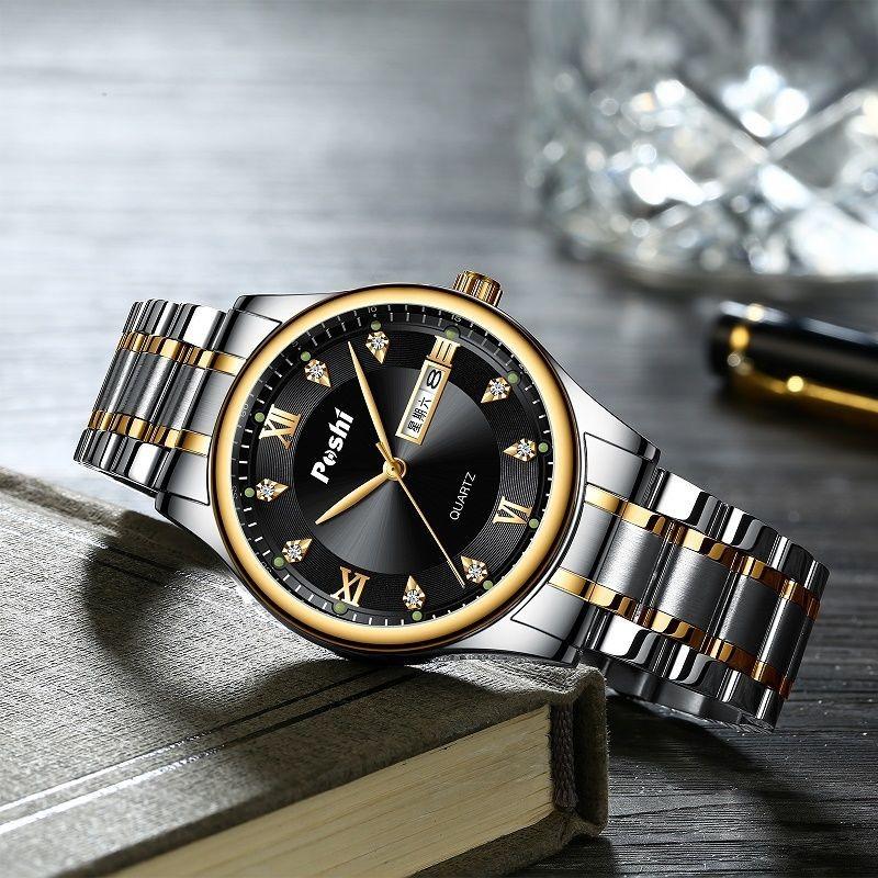 POSHI Men's Electronic Quartz Watch Waterproof Luminous Double Calendar Large Dial Stainless Steel Men's Watch