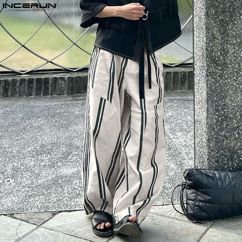 INCERUN Men Zipper Waist Striped Print Casual Loose Long Wide Legs Pants Trousers