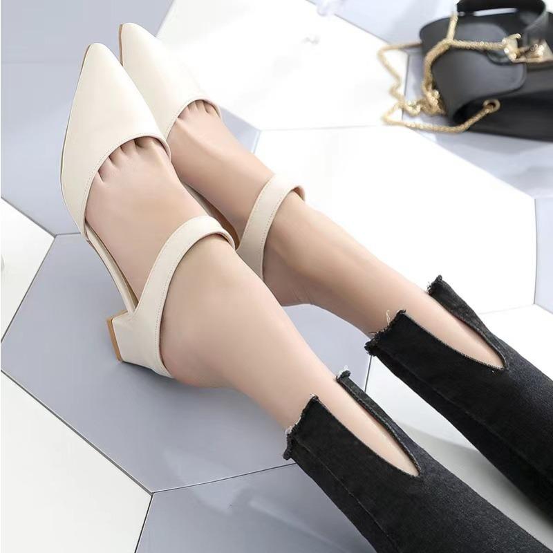 Spring and Summer Bag Head Medium Heel Cool Slippers Women Pointed Head Thick Heel Half Slippers Trendy Summer Sandals Women
