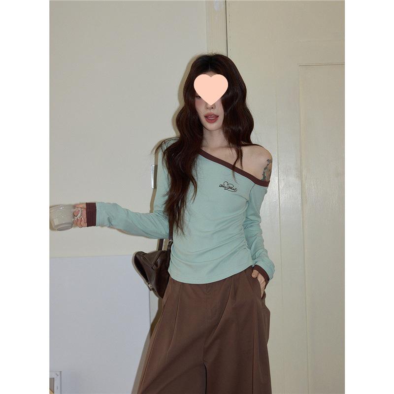 

Korean Style Women s Green Off-the-Shoulder Asymmetrical Slim-Fit Long-Sleeve Top, Autumn 2025 Edition. Medium зелёный