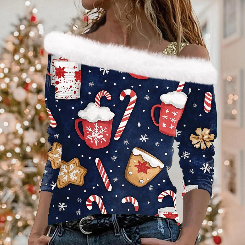 Kadın Günlük Uzun Kollu Omuzdan Askılı Noel Baskılı Peluş Moda Üst