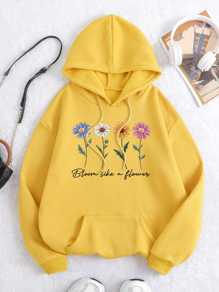 Bloom Like A Flower Pattern Women Hoody Loose Y2K Casual Sportswear Fleece Pocket Hoodie Autumn All-Match Woman Clothing