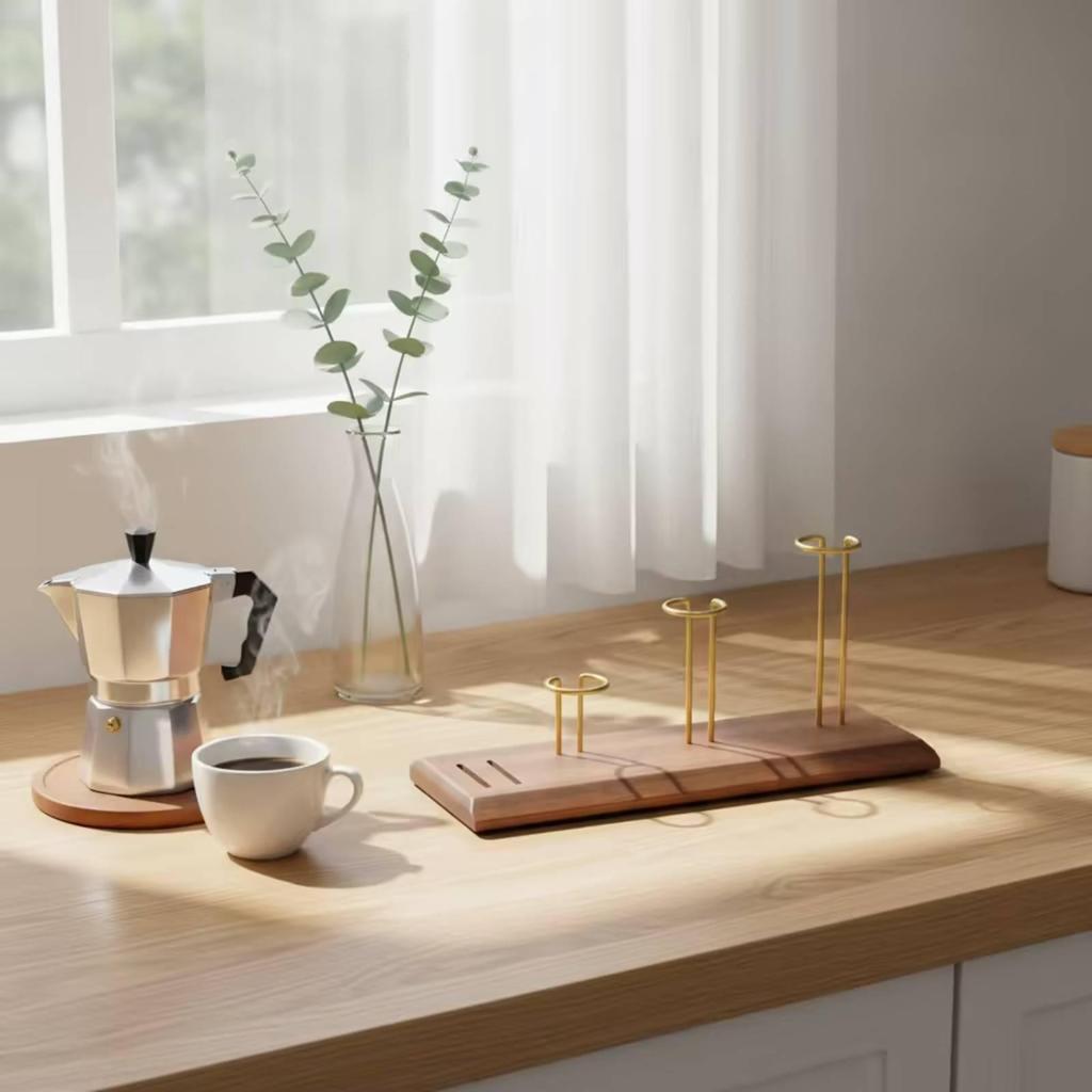 Italian Coffee Brewer Pot Drainage Rack Wooden Stand Stainless
