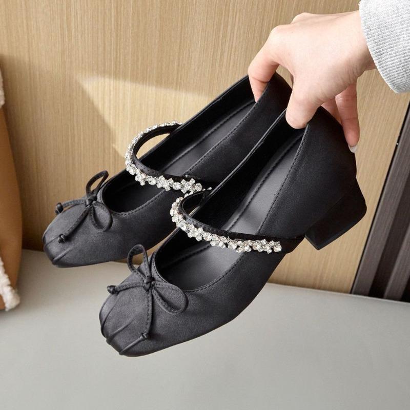 Fashion Women Mid Heels Bow Shoes Crystal Heeled Ballet Dance Shoes Designer Luxury Summer Pumps 2025 New Brand Marry Jane Shoes Zapatos
