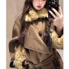 Koreanischer High-End Kaffee Plüsch Patchwork Damen Winter Schlankmachender Wollmantel