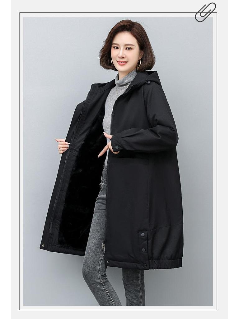 Women's 2024 Winter Fleece-Lined Hooded Parka: Loose Mid-Length Thickened Workwear Cotton Coat