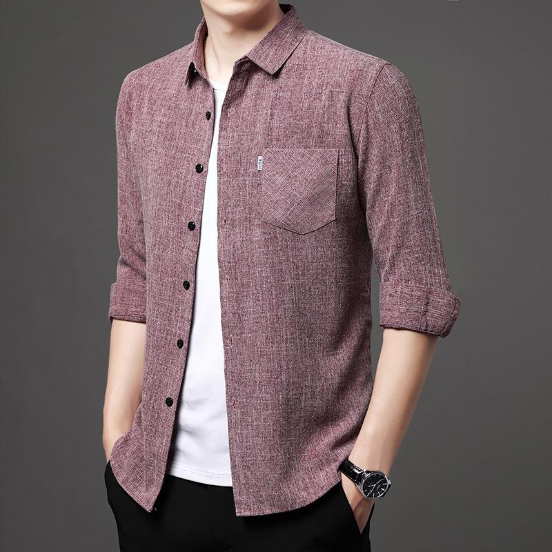 Spring New Long-sleeved Cotton and Linen Shirts for Men, Business Casual Tops, Real Pockets, Middle-aged Bottoming Shirts for Men