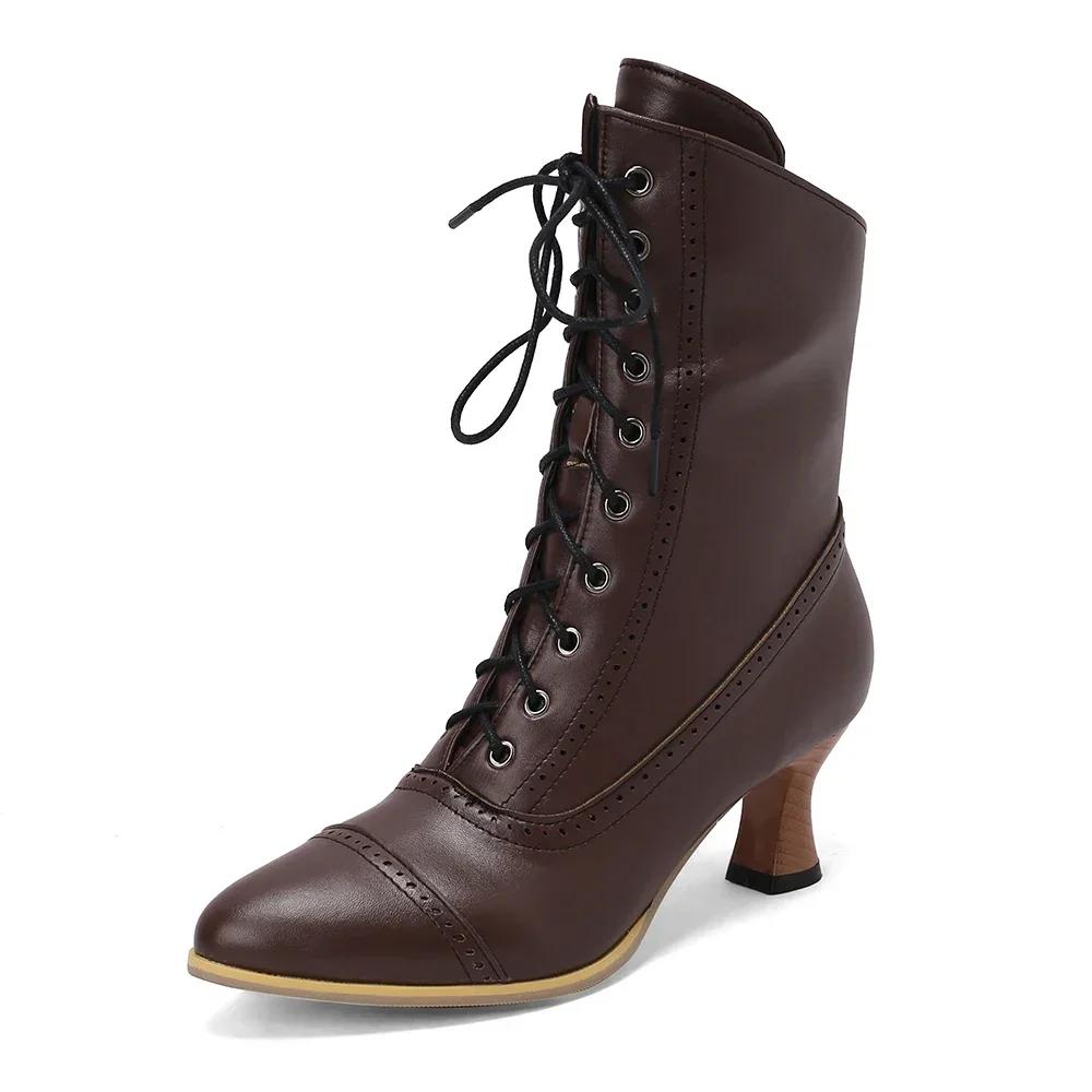 Kurzstiefel mit hohen Absätzen für Damen im britischen Stil, edle Ritterstiefelchen mit spitzer Zehenpartie, zum Schnüren mit Kreuzband, Knöchelstiefel, mittelalterliche Retro-Stiefel