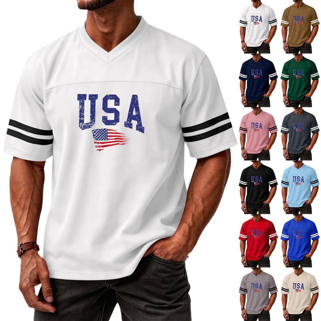 Men V Neck Casual Short Sleeve T Shirt with USA Flag Print Striped Sleeve Athletic Top for Sports and Daily Wear