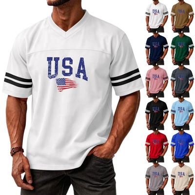 Men V Neck Casual Short Sleeve T Shirt with USA Flag Print Striped Sleeve Athletic Top for Sports and Daily Wear