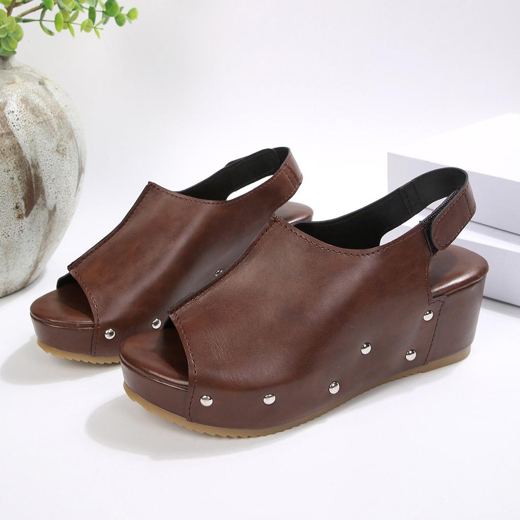 22 Summer New European and American Thick-soled Heightened Wedge Sandals Large Size Rivets Fish Mouth Open-toed Shoes