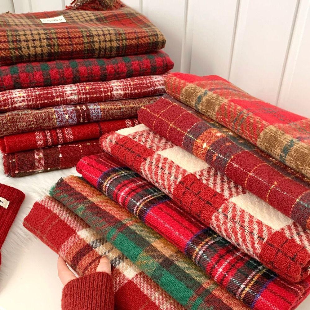 Sweet Plaid Wool Scarf New Year Red Long Shawl Thicken Winter Knitted Scarves  Women/Men