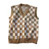 Decote em V Sem Mangas Acabamento Nervurado Estilo Universitário Colete Suéter Outono Inverno Xadrez Patchwork Cor Homens Colete de Malha