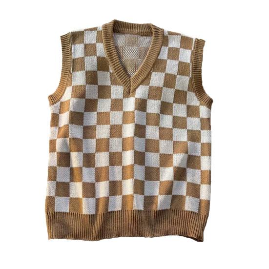 Decote em V Sem Mangas Acabamento Nervurado Estilo Universitário Colete Suéter Outono Inverno Xadrez Patchwork Cor Homens Colete de Malha