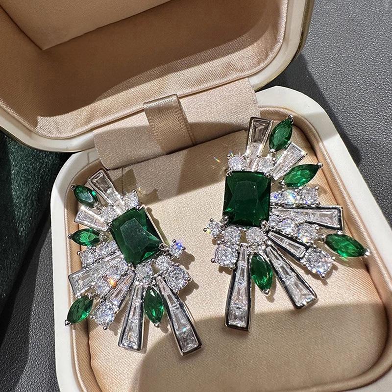 Art Deco Style Green Stone Statement Earrings for Women Formal Jewelry