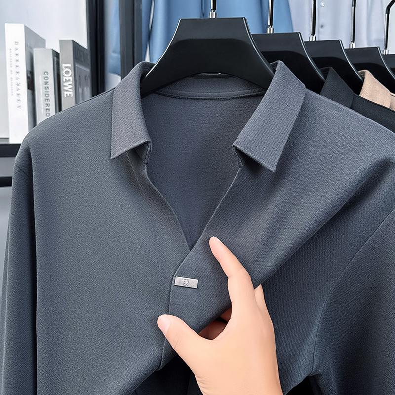 High End Quality Men'S Polo Shirt Solid Color Simple V-Neck No Trace Long Sleeve Autumn Lapel T-Shirt Business Classic Menswear