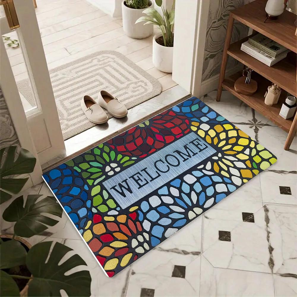 Vintage Mosaic Floral Carpet Mat Rug - "Welcome" Door Mat Non-Slip Floor Decor for Home Entrance Living Room Home Decoration
