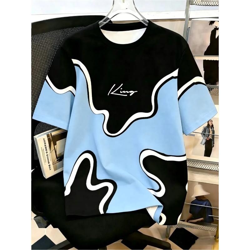 European and American men's summer spliced striped letter print soft and breathable round neck T-shirt outdoor casual top