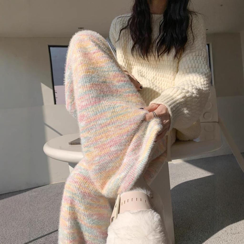 Plush Rainbow High-Waist Women's Knitted Wide-Leg Pants - Autumn/Winter 2024 Collection