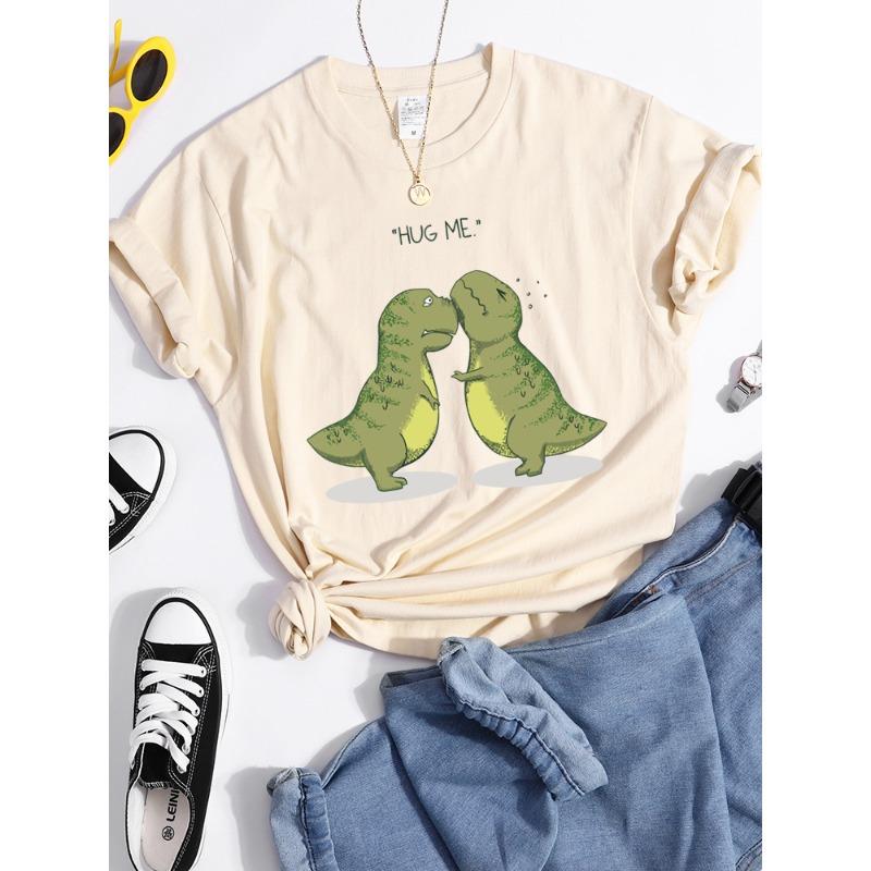 Hug Me Kawaii Green Little Dinosaur Women T-Shirt Summer Casual T Shirts Street Hip Hop Crop Top Personality Breathable T Shirt