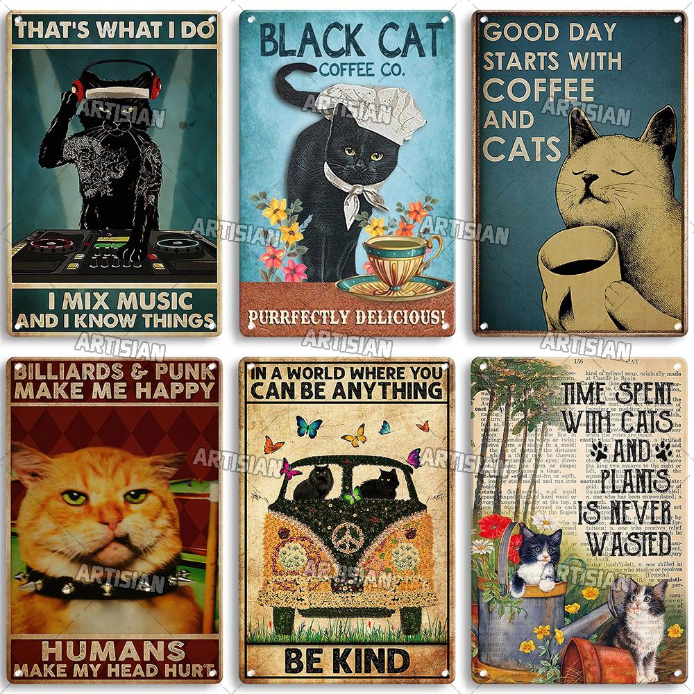 Pôster de Metal Retrô Gato Preto Artista Animal de Estimação Engraçado Vintage Decorativo Placa de Estanho Garagem Bar Pub Clube Cozinha Casa Decoração de Parede Caverna do Homem