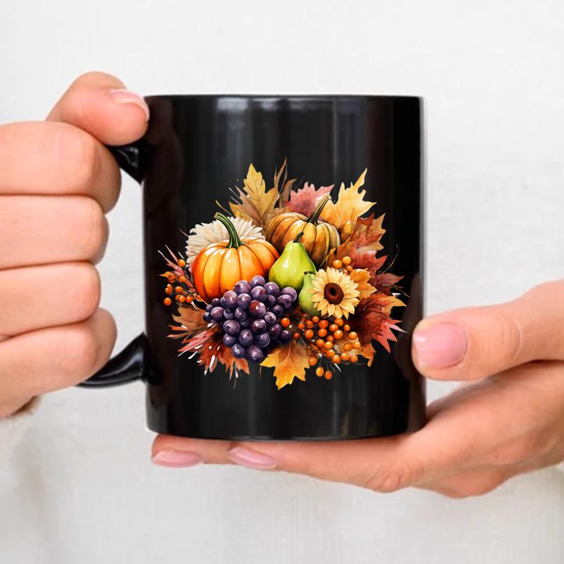 Autumn Harvest Ceramic Cup with Black Autumn Leaves, Pumpkin, Gourd, Sunflower, Grape and Berry Design for Coffee, Tea, Breakfas чёрный