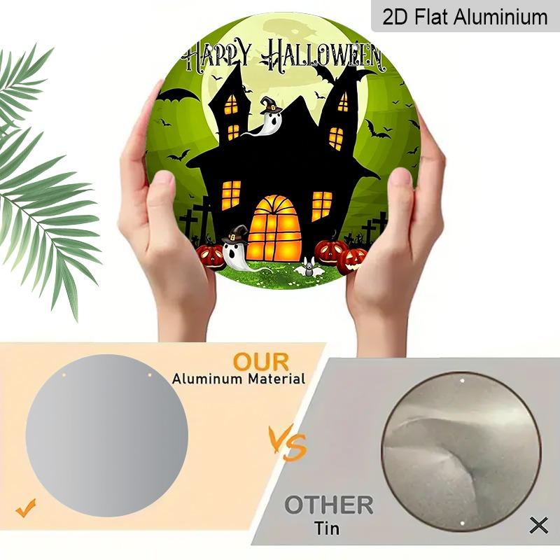 2D Flat Aluminum Decorative Plaques and Ornaments Sign, Halloween Hanging Wall Decor with Haunted Castle Ghost Pumpkin Design, Vintage Metal Sign for