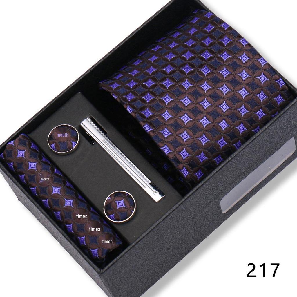 Men's Black & Wine Red Striped Plaid Tie Set with Pocket Square - Formal Wedding Gift Box