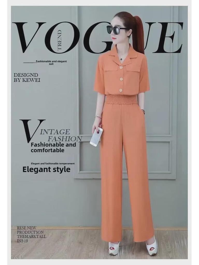 Women's Summer Fashion Suit: Short Slim Fit Top & Wide-Leg Pants Two-Piece Set