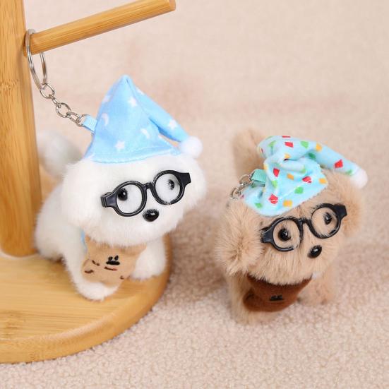 Sleeping Glasses Dog Plush Keychain Cute Puppy Backpack Charm with Wizard Hat & Bib Soft PP Cotton Stuffed Doll Gift for Dog Lovers
