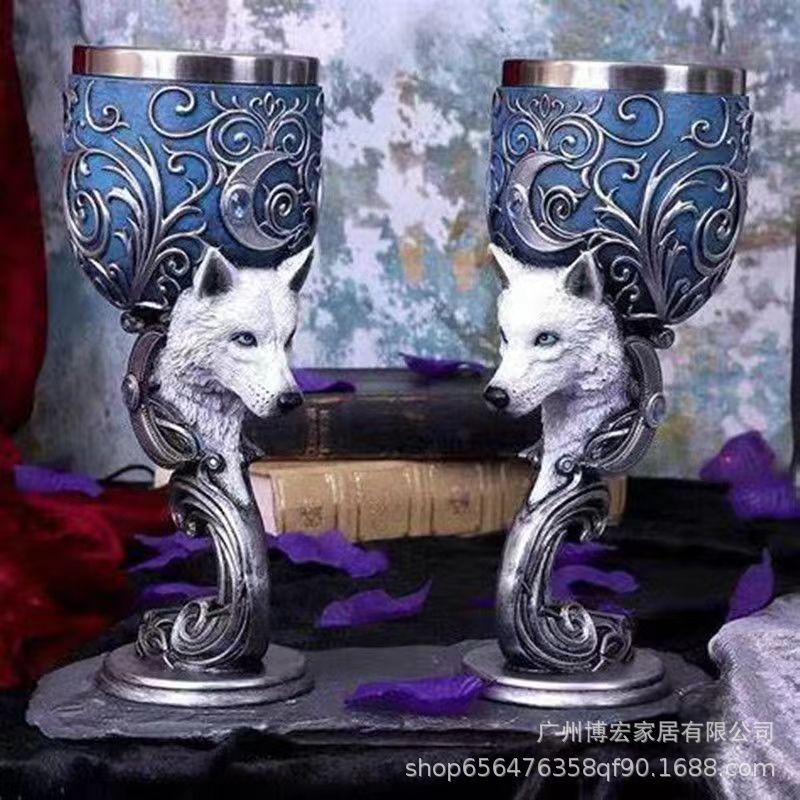 

Кубок «Снежный волк», вдохновленный мифологией, 2023: Бокал для красного вина из нержавеющей стали в средневековом стиле Skull Goblet