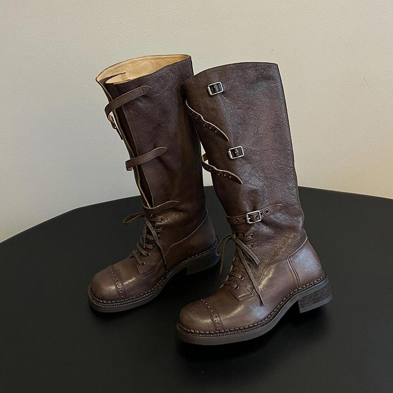 

Винтажные накладные ковбойские сапоги в западном стиле, толстый каблук, пряжка, старая кожа, высокие рыцарские сапоги Мартин, детские 40 коричневый