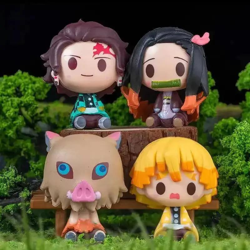 4Pcs/Set Q Version Demon Slayer Sitting Ghost Doll 4cm Tanjiro Nidouzi Inosuke Zenizu Figure Action Figure Movie Model Toys
