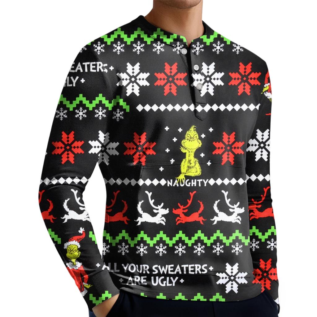 Pánská ležérní mikina na knoflíky, módní potištěná košile s dlouhým rukávem, pulovr