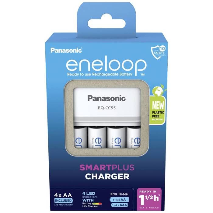 Chargeur De Piles Rondes NiMH Avec Accus Panasonic Smart & Quick BQ-CC55 +4x Eneloop AA