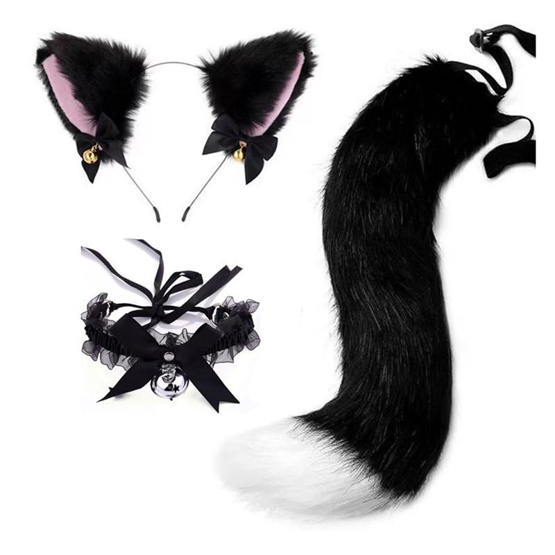 Cat Ear Bell Headband & Choker Set with Tail - Halloween Party Accessories