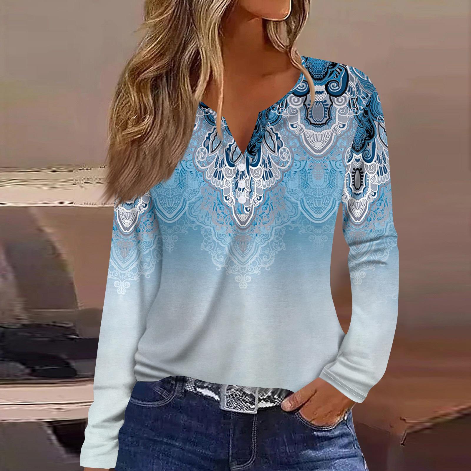 

Women s Fashion Casual Floral Print V Neck Long Sleeved Button Up T Shirt Top Long Sleeved Top L синий