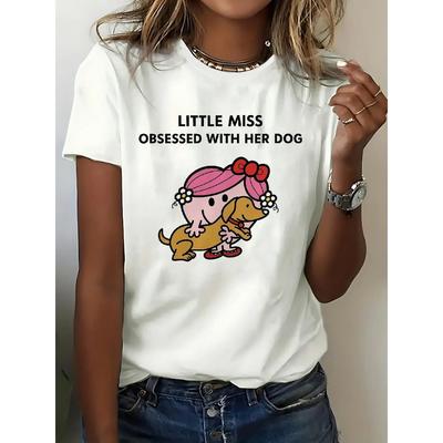 Camiseta de Manga Corta para Mujer LITTLE MISS OBSESIONADA CON SU PERRO Estampado de Letras Top Casual para Verano y Primavera
