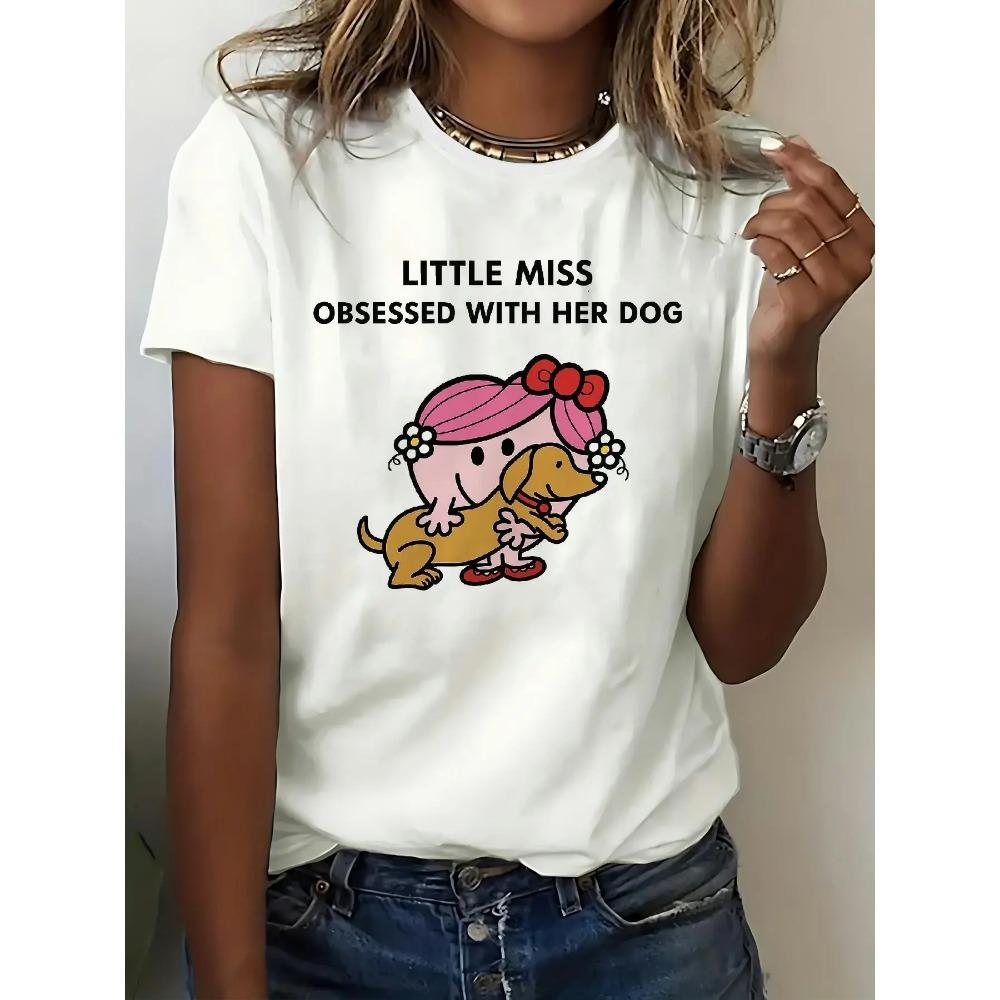 Women's T-shirt Short Sleeve LITTLE MISS OBSESSED WITH HER DOG Letter Print Casual Top For Summer & Spring