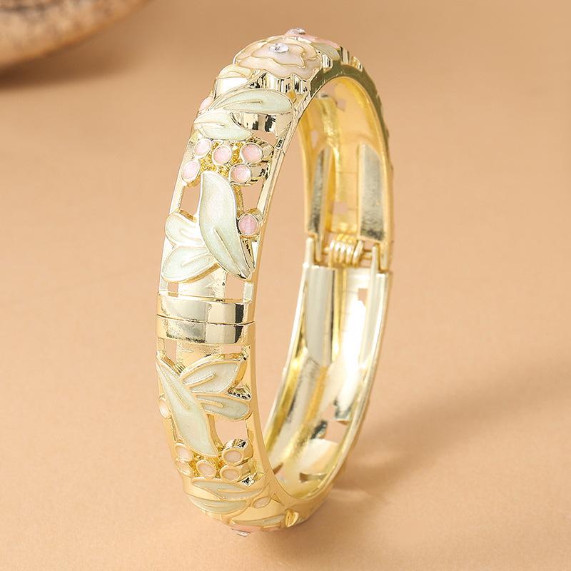 Vintage Colorful Rose Oil Drop Enamel Hollow Wide Cloisonne Bangle Bracelet